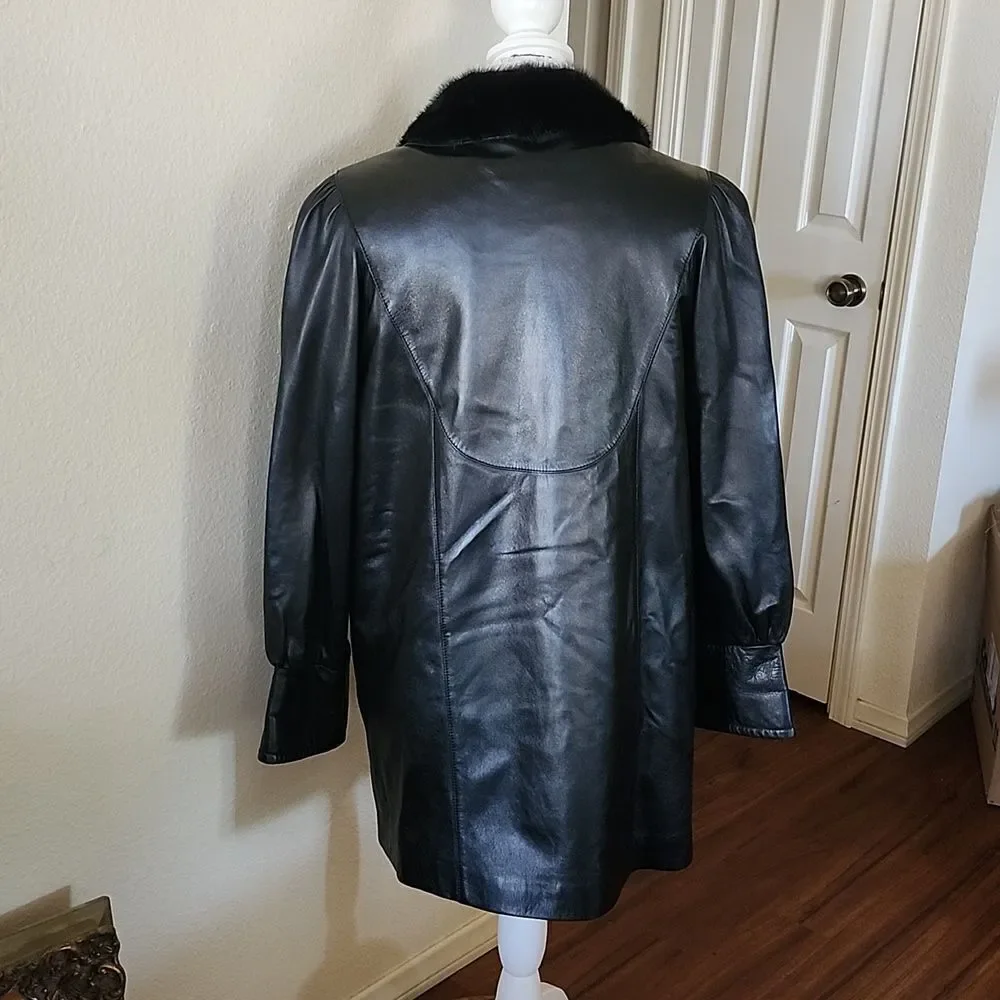 Vintage Avante Guard  Leather With Genuine Fox Fur Collar Coat Size Mob Wife XL